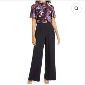 JULIA JORDAN Floral Bodice Chiffon And Crepe Black Jumpsuit Size 6
